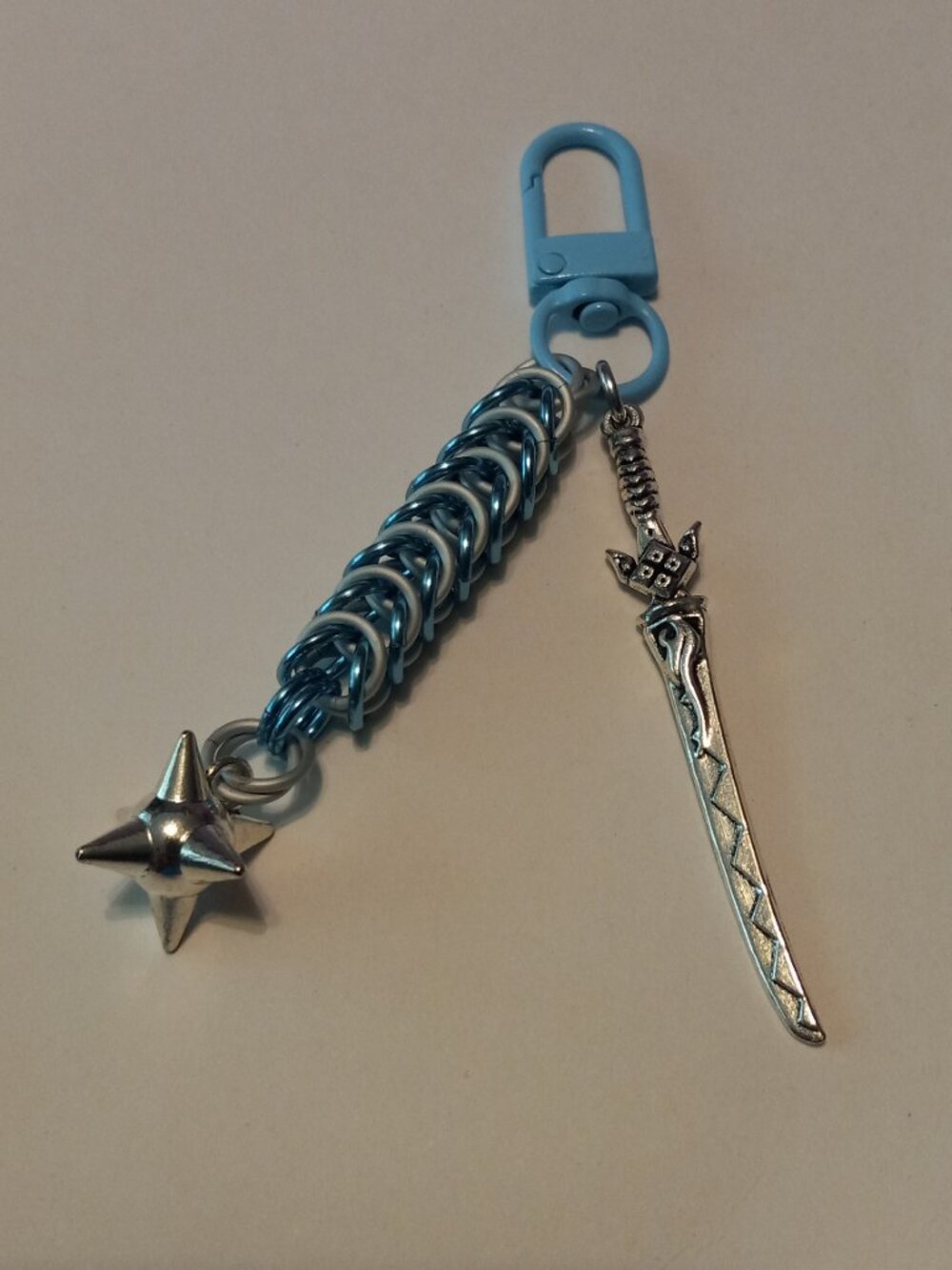Blue & Silver Chain Mail keychain with sword
